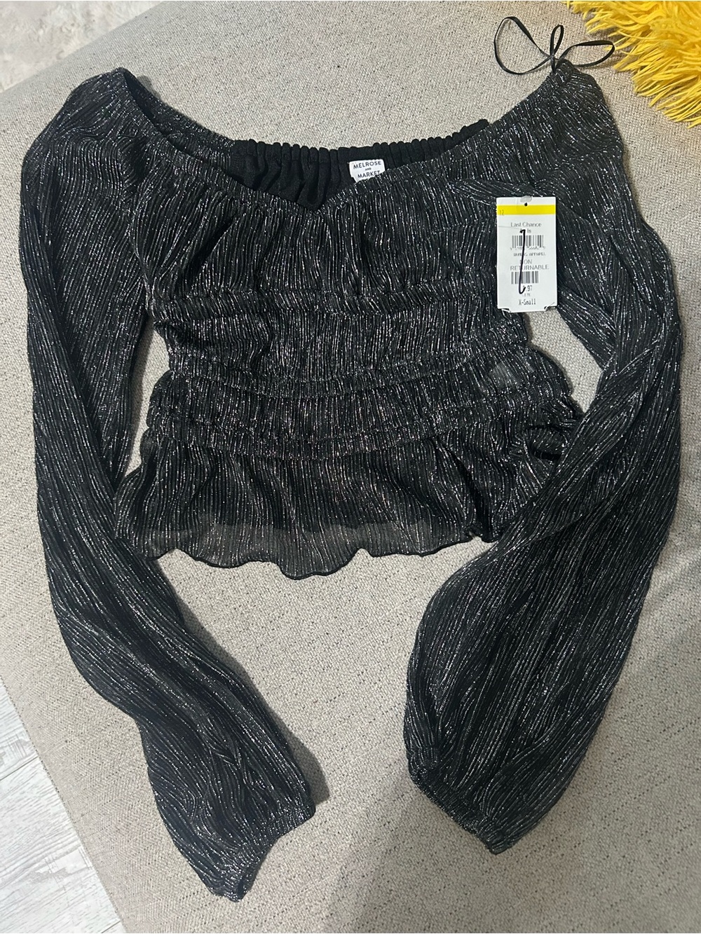 Melrose & Market Womens Black Metallic Smocked Long-Sleeve Top